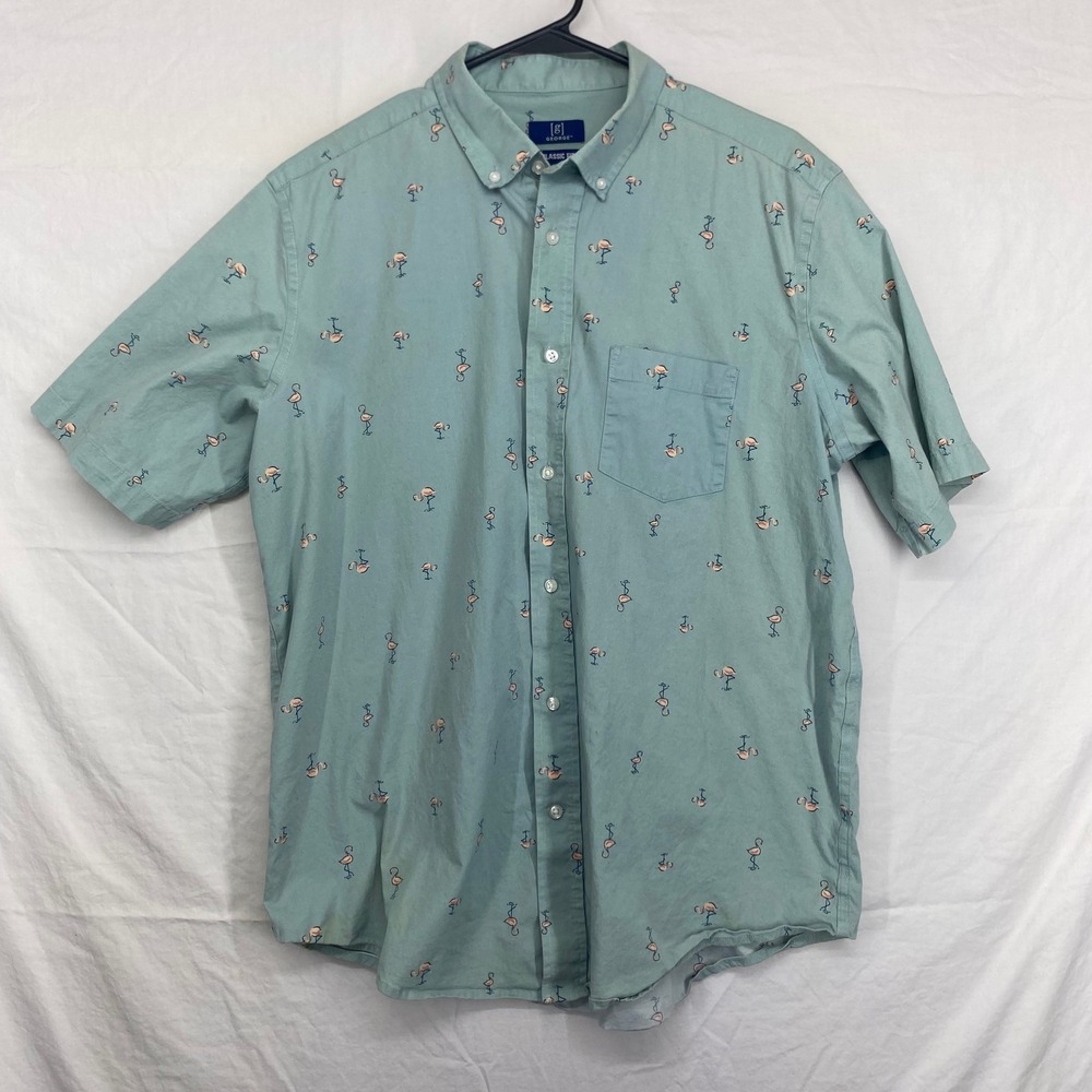George Mens Classic Fit Flamingo Print Short Sleeve Button Down Shirt Green L
